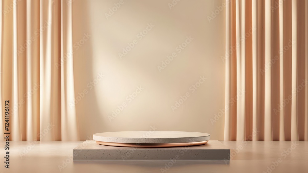 Sleek, smooth podium with metallic accents on a polished stage, soft lighting highlighting its elegant form, minimal design