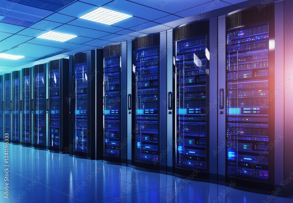Fototapeta premium Row of advanced blue-lit server racks in a modern data center, designed for secure and efficient digital storage and high-performance computing