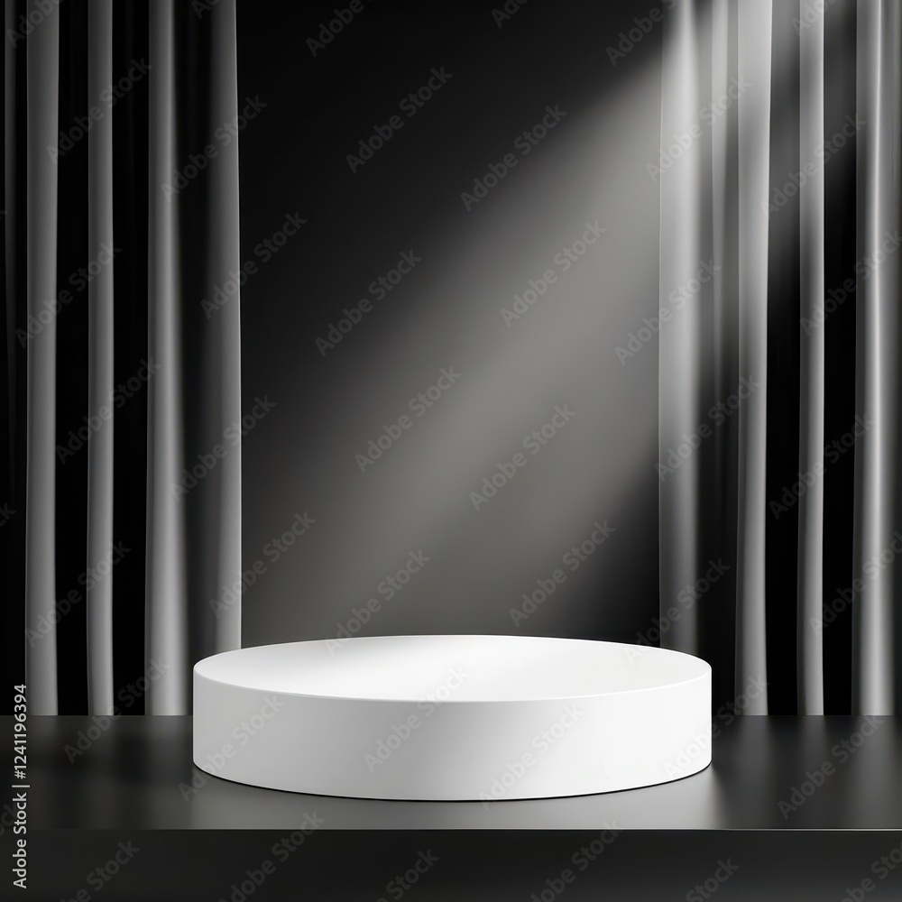 White podium with sleek, smooth surfaces, placed on a glossy black stage with elegant lighting, minimalist design for product display White podium with sleek, smooth surfaces, placed on a glossy black stage with elegant lighting, minimalist design for product display