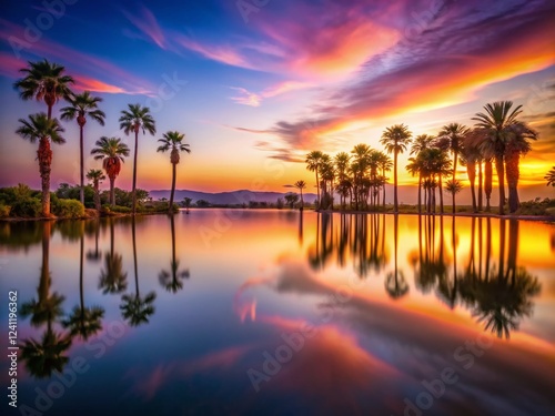 Serene Desert Oasis: Long Exposure Palm Trees Reflecting in Calm Lake