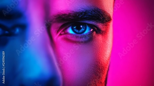 Close-up of a man's eye with vibrant pink and blue lighting, showcasing intense expression and detail photo