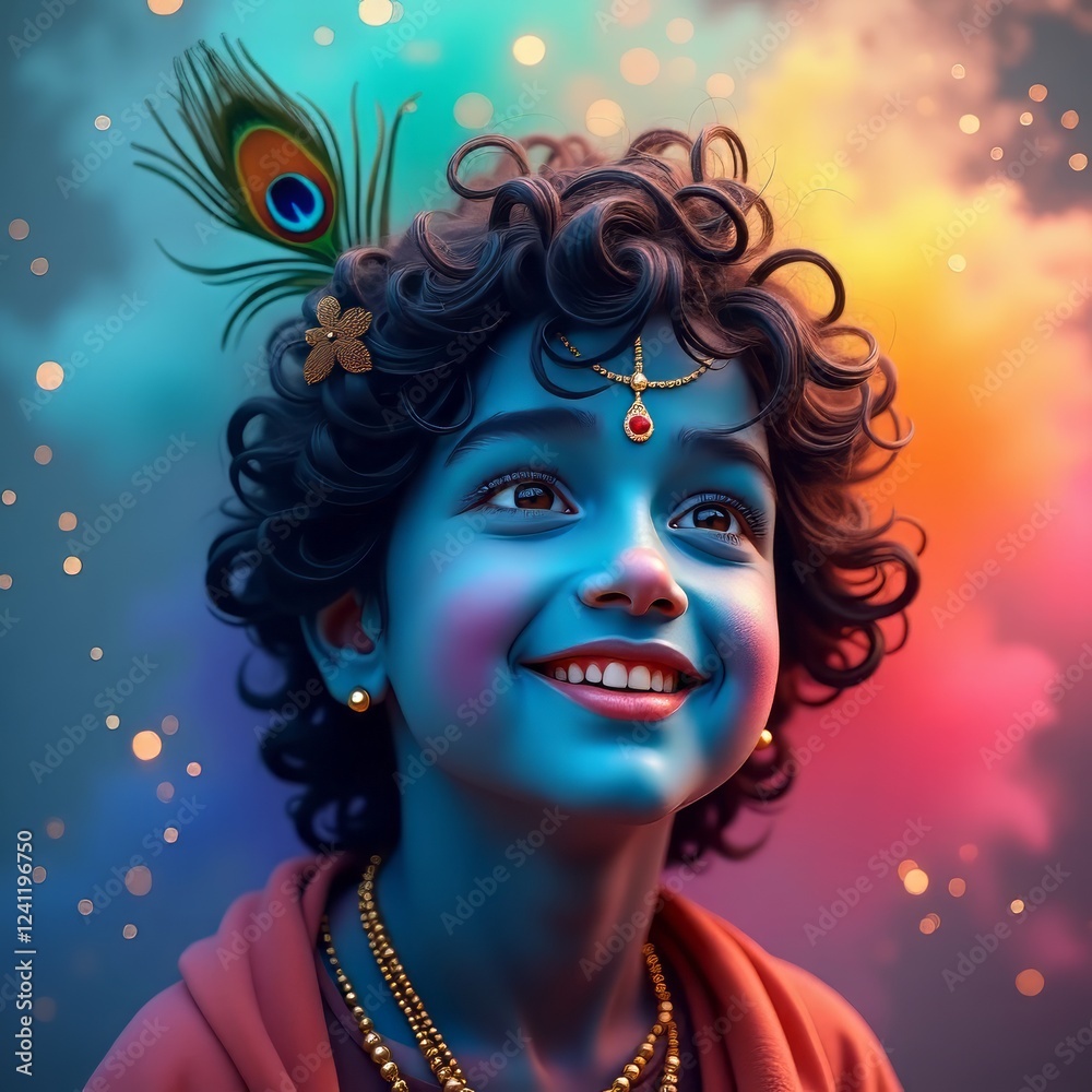 Obraz premium A mesmerizing portrait of teenage Krishna, immersed in divine music, playing his flute with a serene smile. His glowing blue skin, peacock feather, and vibrant Holi colors create a celestial aura.