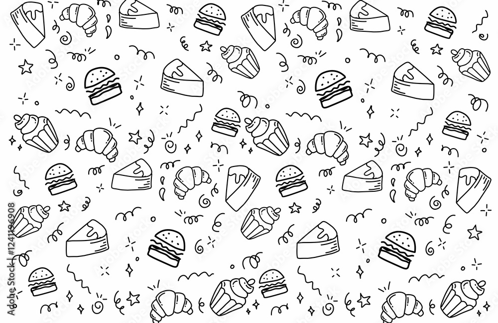 Fototapeta premium Hand drawn seamless pattern of baking and cooking tools, cake, cupcake, scale. Doodle sketch style. Illustration for textile, background