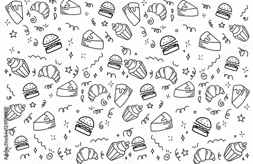 Hand drawn seamless pattern of baking and cooking tools, cake, cupcake, scale. Doodle sketch style. Illustration for textile, background