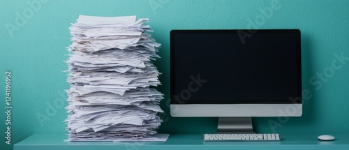 Professional struggling with overtime workload aiming for high performance papers scattered glowing monitor under pressure striving for efficient output