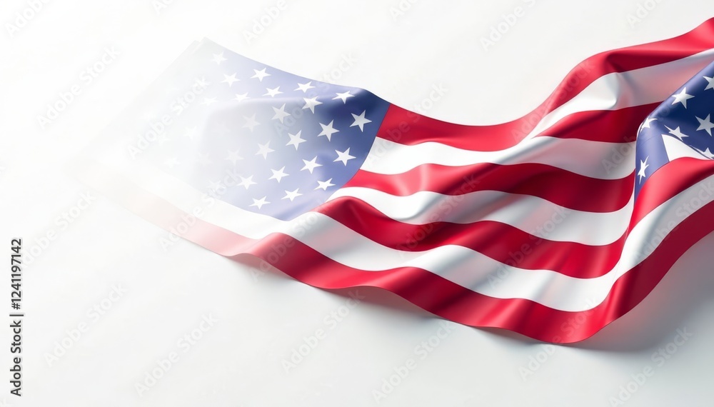 Obraz premium High-resolution image of elegant waving US flag on plain white background with clean edges, Holiday Photo, Labour Day, Independence Day