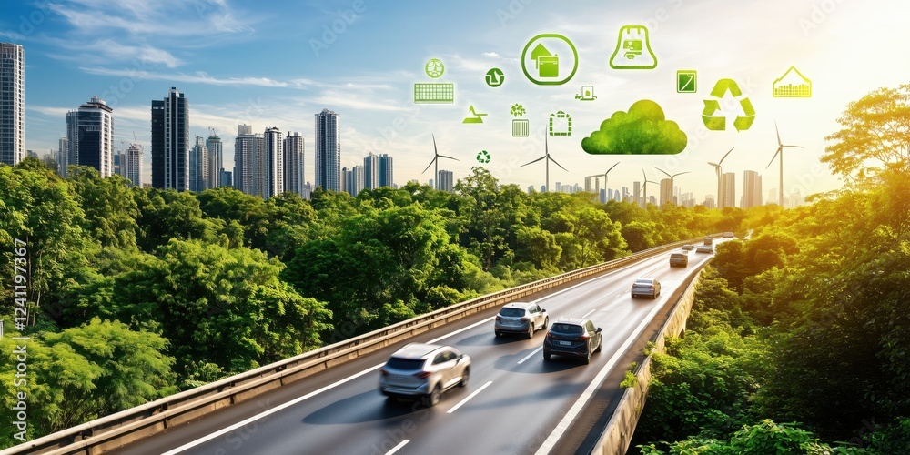 Naklejka premium Sustainable Urban Development with Green Technologies and Renewable Energy Solutions in a Modern Cityscape