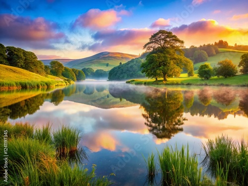 Serene Moorland Lake at Dawn: Misty Reflections & Calm Waters