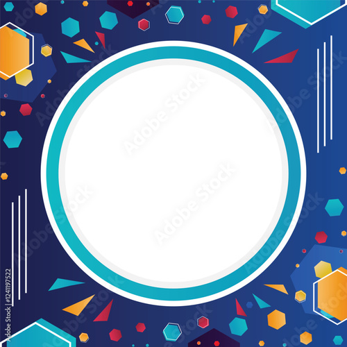 A blue circle with a white background and a lot of colorful shapes