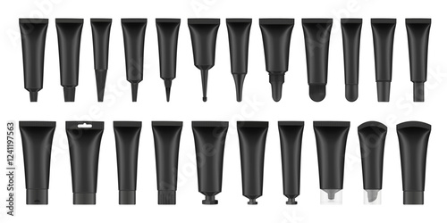 Large set of 22 black cosmetic tubes. Closed blank tubes with caps. Realistic mockup. Long nozzle tube for ointment or salve. Gel serum. Korean packaging. Lip gloss. Toothpaste. Hand cream