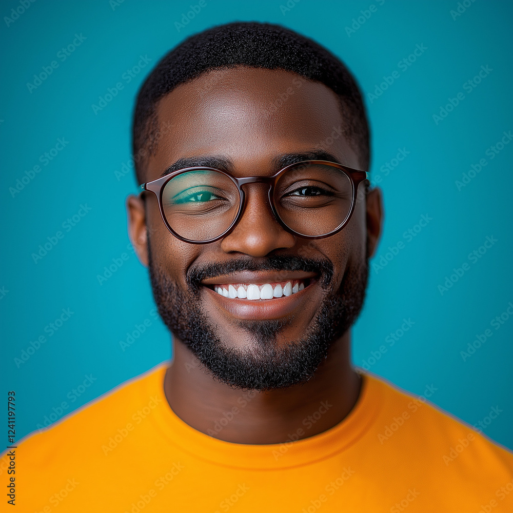 Happy smile man African American wearing glasses in vibrant orange monochromatic setting against blue background Happy smile man African American wearing glasses in vibrant orange monochromatic setting against blue background