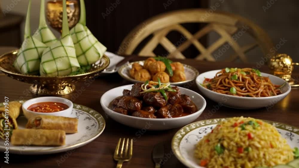 A typical Eid dish, namely ketupat with coconut milk vegetables on the table which is still warm and smoke can be seen coming out of the food being served