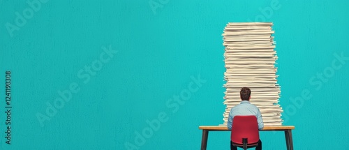 Stacks of reports tower over desk overwhelmed worker pushing career limits deadline pressure late hours ambition professional growth photo