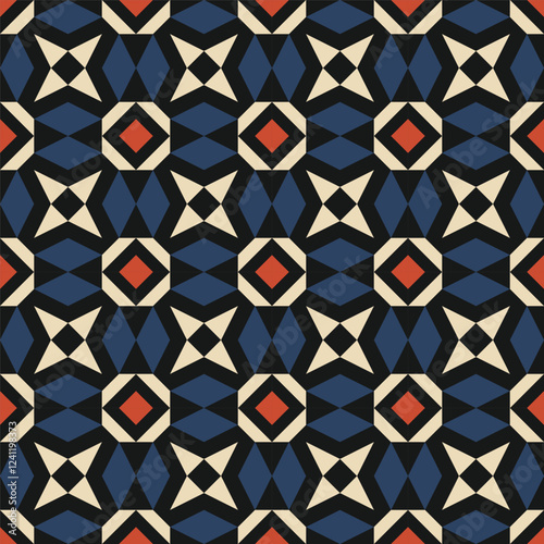 bold and graphic seamless pattern featuring a repeating geometric design in a striking color palette of navy blue, orange, and cream