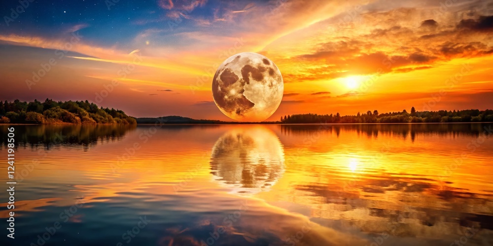 Serene Sunset: Gibbous Moon Reflecting on Calm Water Serene Sunset: Gibbous Moon Reflecting on Calm Water