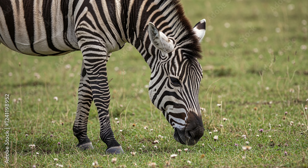 Stripes in the Grass: A Zebra Grazing Serene in the African Savanna Stripes in the Grass: A Zebra Grazing Serene in the African Savanna