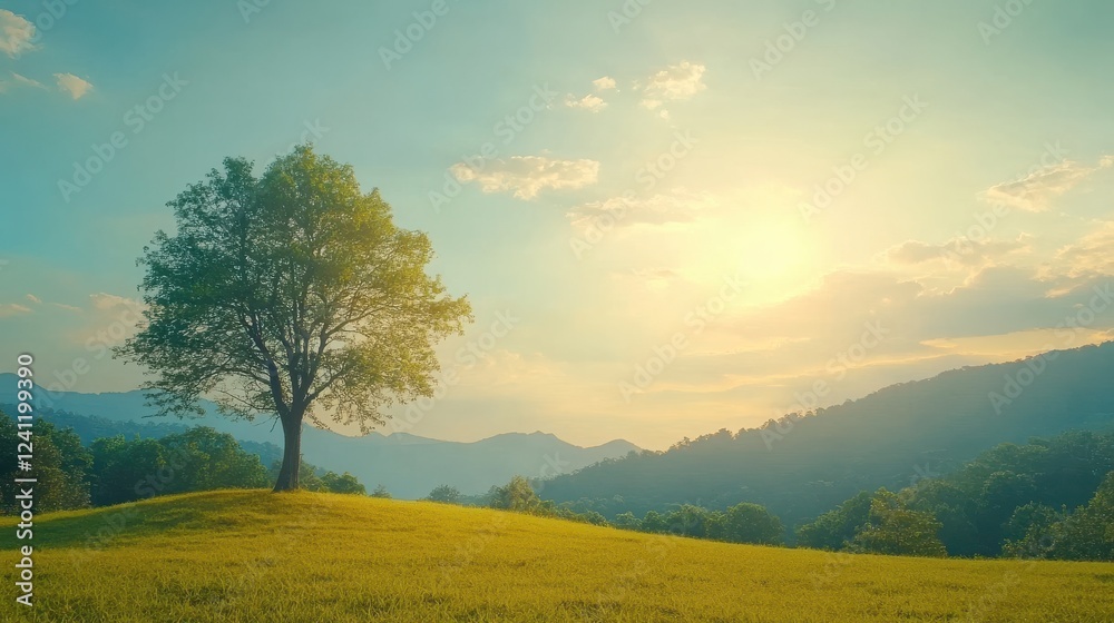 Obraz premium Serene Landscape with Tree Against Sunset and Mountains in Background