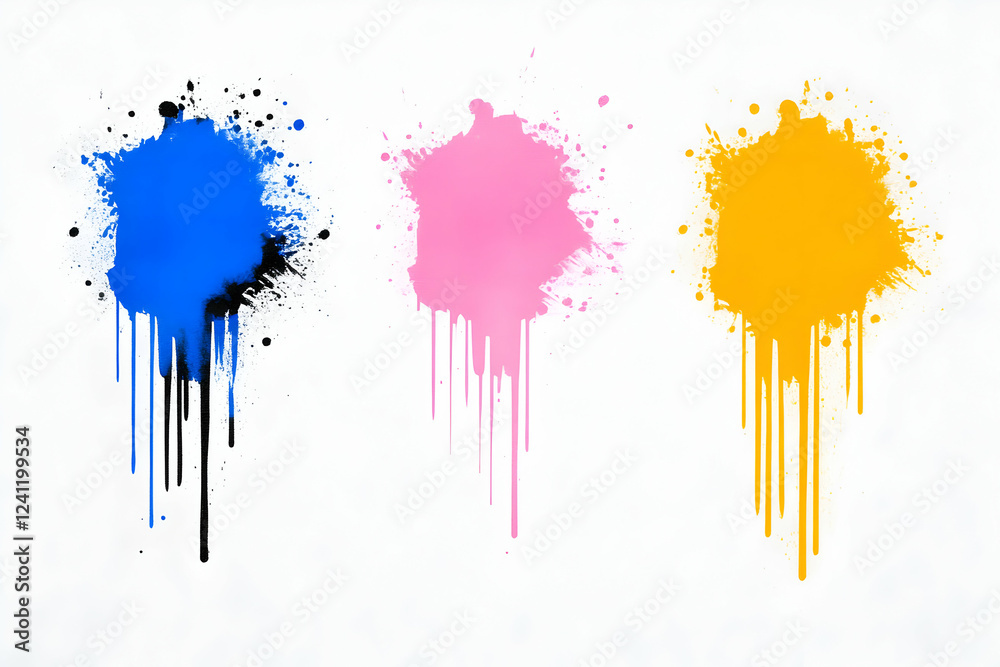 Fototapeta premium Vibrant Color Splashes, Abstract Paint Drips on White Canvas, Showing Creative Expression Through Bold Hues and Dynamic Movement.