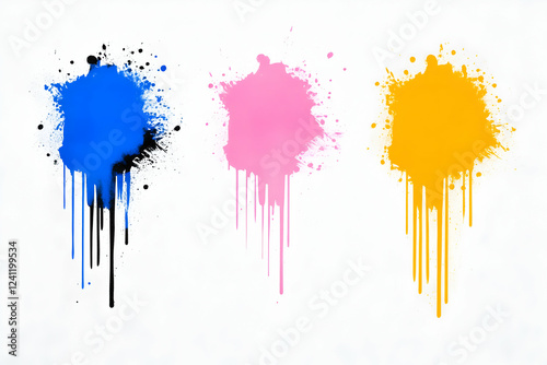 Vibrant Color Splashes, Abstract Paint Drips on White Canvas, Showing Creative Expression Through Bold Hues and Dynamic Movement.