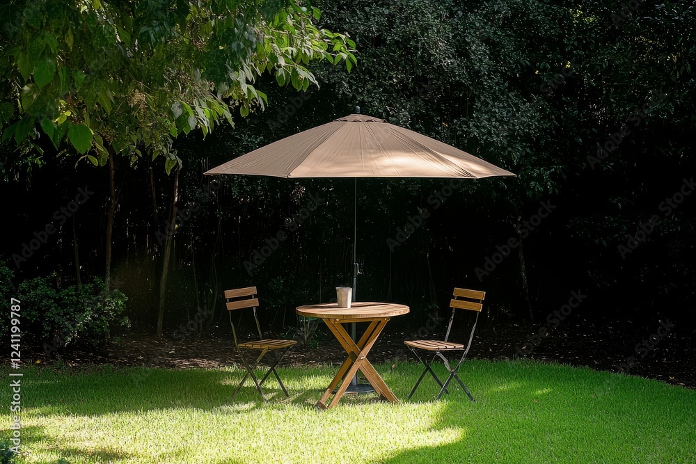 Round Wooden Table with Chairs and Umbrella in Mexican-Style Garden, Featuring Green Grass and Trees Under Natural Light Round Wooden Table with Chairs and Umbrella in Mexican-Style Garden, Featuring Green Grass and Trees Under Natural Light