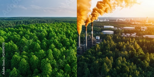 Contrast Between Lush Green Forest and Industrial Pollution Depicted in Aerial View of Nature and Industry for Environmental Awareness photo