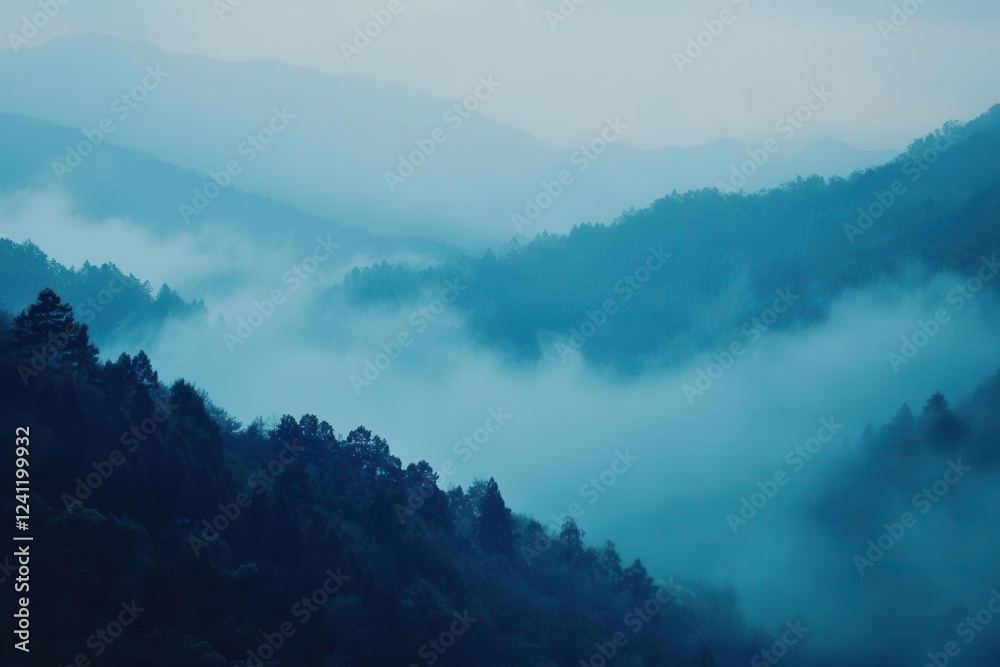 Fototapeta premium misty mountain landscape dominated by layers of blue hues, creating a serene and tranquil atmosphere, where nature's beauty unfolds majestically under soft, diffused light