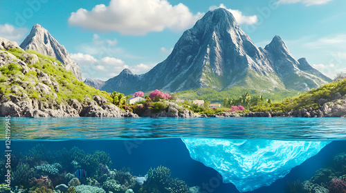 Tropical Paradise, Coastal Village, Mountains, and Underwater Iceberg