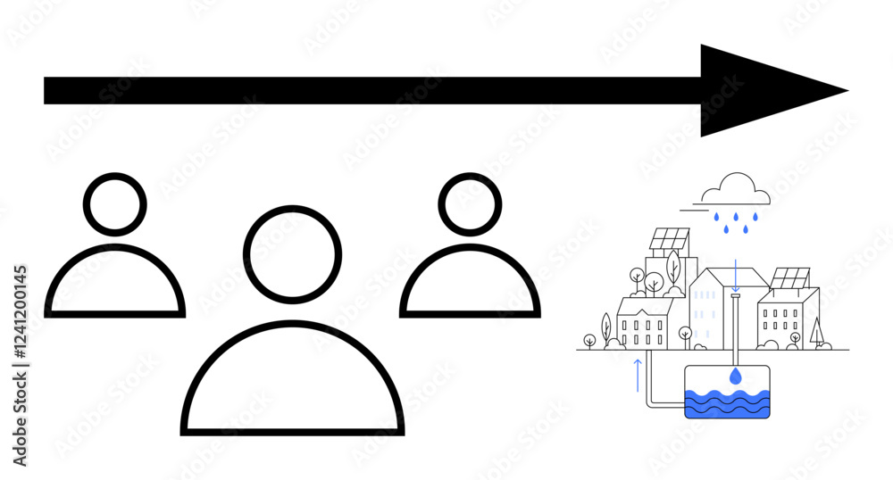 Three people icons connected by a forward-moving arrow toward an eco-friendly city with solar panels, rainwater harvesting, and green energy elements. Ideal for teamwork, sustainability, innovation Three people icons connected by a forward-moving arrow toward an eco-friendly city with solar panels, rainwater harvesting, and green energy elements. Ideal for teamwork, sustainability, innovation