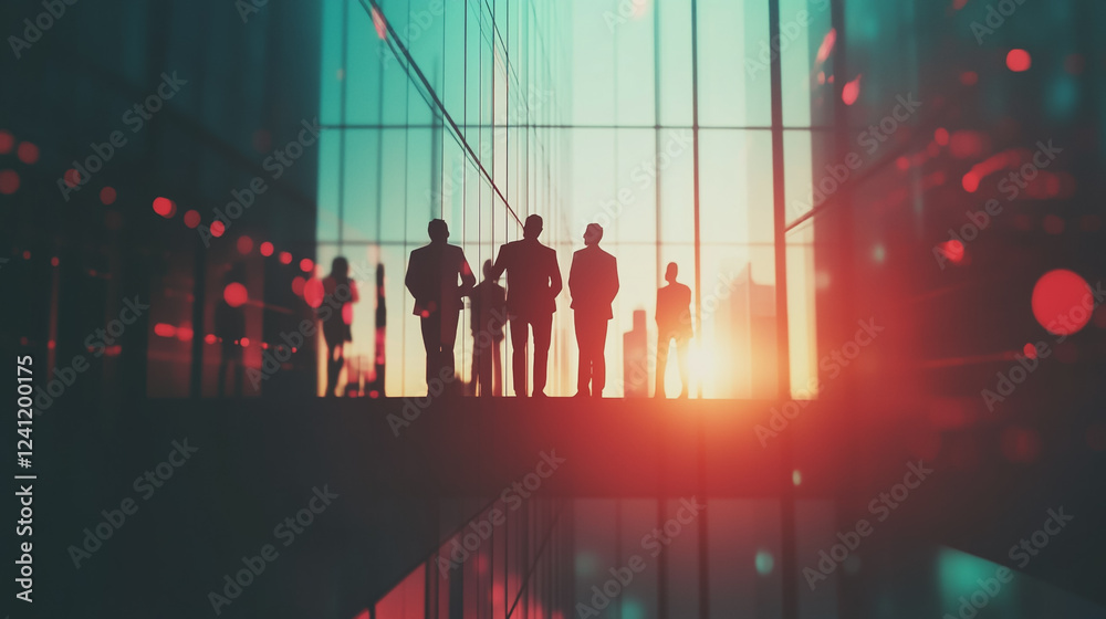Fototapeta premium Group of business people silhouettes in modern office building and business network concept. Human resources with pastel innovation charts and graphs with statistics to analyze business 