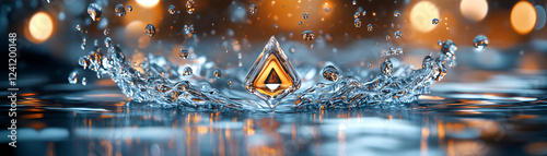 Crystal Impact, Water Splash with Gem-like Object,  Reflecting Light Beautifully on the Surface.