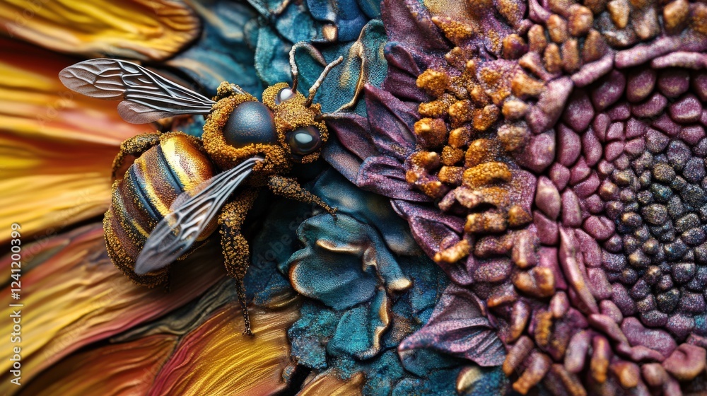 Bee pollinating colorful flower nature scene macro photography vibrant environment close-up view insect behavior Bee pollinating colorful flower nature scene macro photography vibrant environment close-up view insect behavior