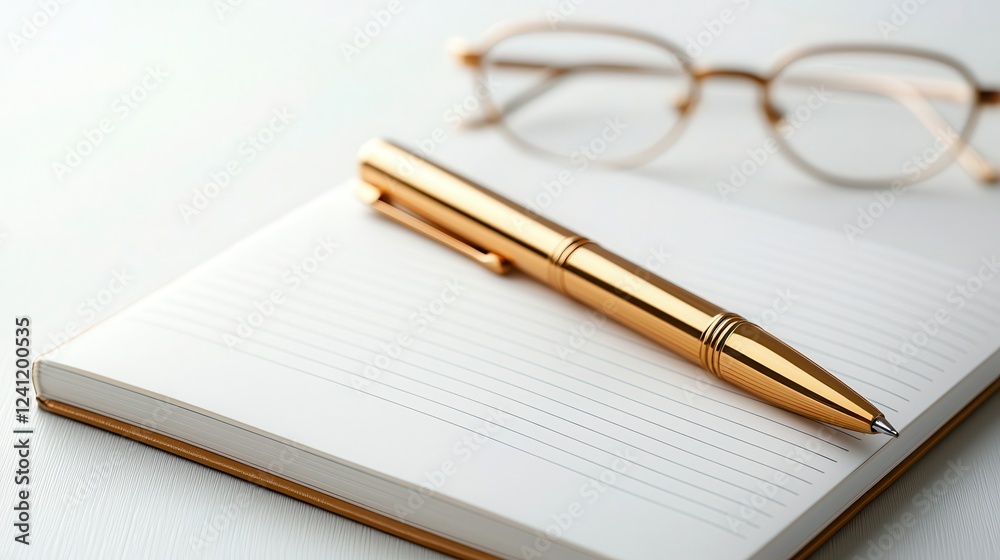 Professional workspace with a clean white background featuring a notebook, pen, and glasses, ideal for creative and corporate projects Professional workspace with a clean white background featuring a notebook, pen, and glasses, ideal for creative and corporate projects