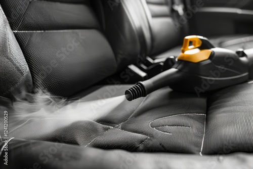 Testing a handheld steam cleaner on car interior seats to remove stubborn dirt effectively photo