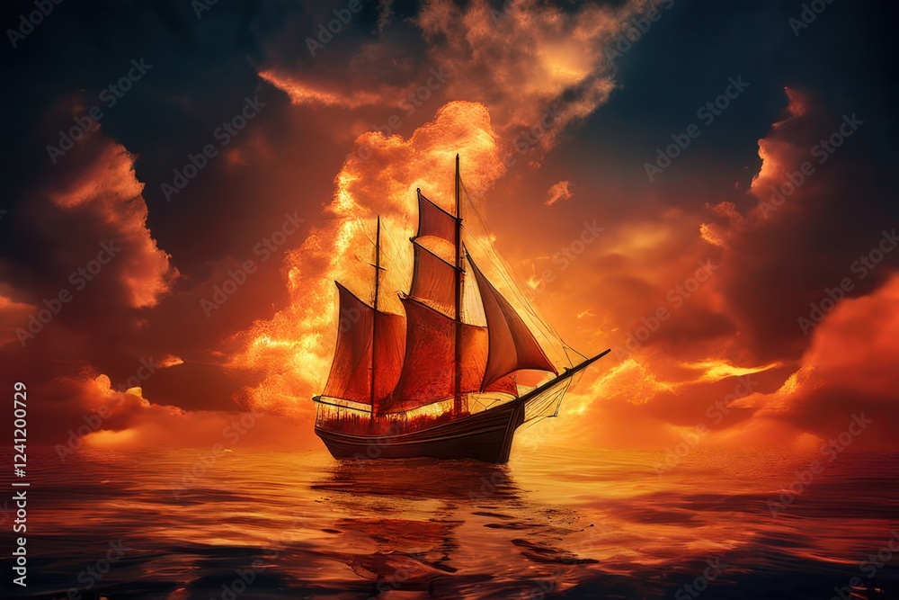 Fototapeta premium the AI Image Generator, Sailing Ship at Sunset With Dramatic Fiery