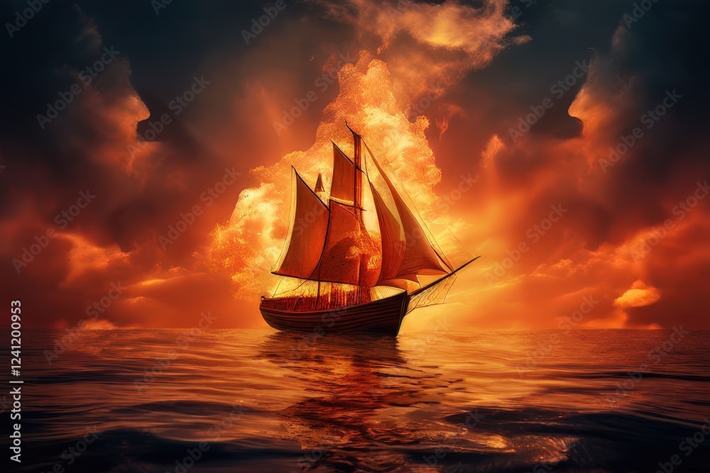 Fototapeta premium the AI Image Generator, Sailing Ship at Sunset With Dramatic Fiery