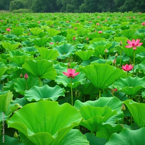 A large green area with a few isolated red lotus flowers scattered about, nature in landscape, green landscape