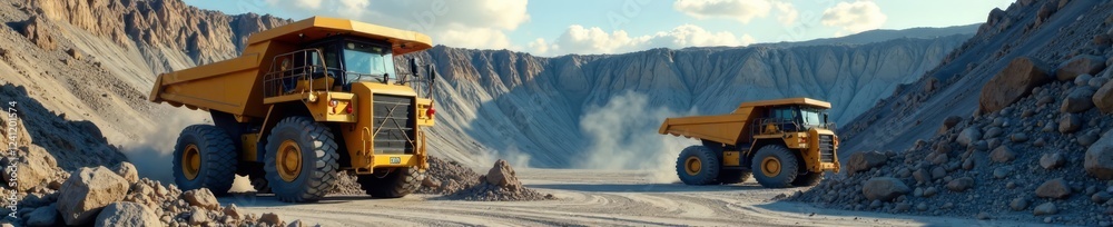Heavy machinery operates in a large mining pit with a massive excavator and dump trucks, construction, , industrial landscape Heavy machinery operates in a large mining pit with a massive excavator and dump trucks, construction, , industrial landscape
