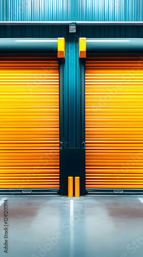 Vibrant Yellow Roll-Up Doors in a Modern Garage, Securing Space Efficiently and Safely.