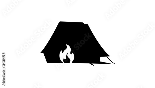 fire in front of tent, black isolated silhouette