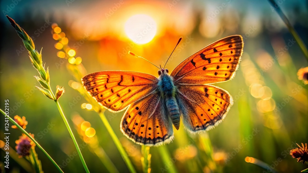 Fototapeta premium Silhouette of Lycaena helle Butterfly, Eifel National Park, Germany, 2020