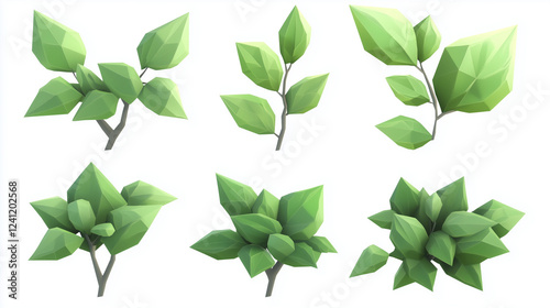 Set of simple low-poly green plants