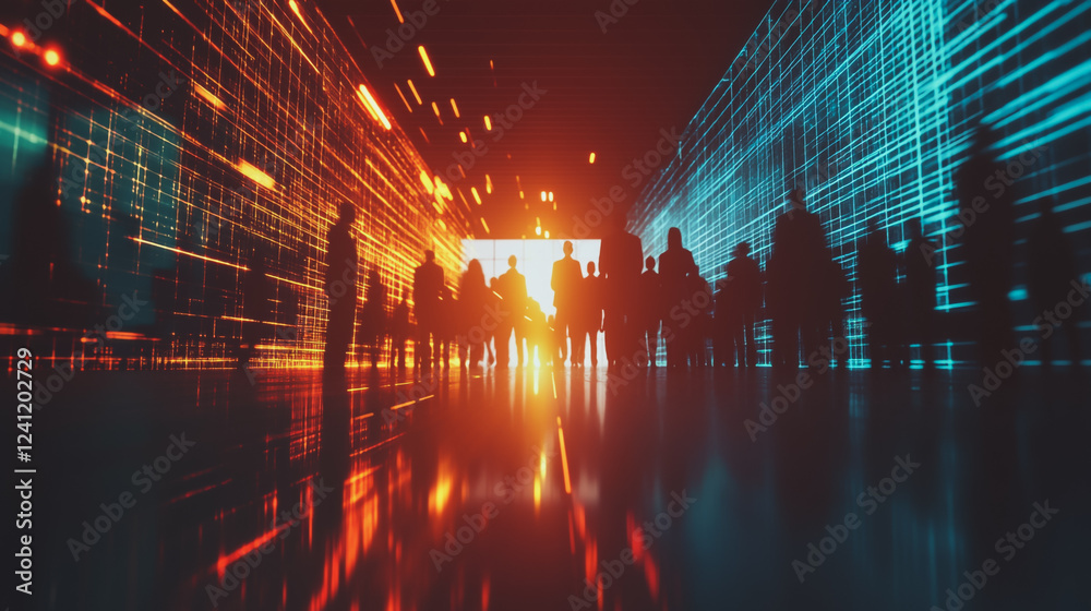 Fototapeta premium Group of business people silhouettes in modern office building and business network concept. Human resources with pastel innovation charts and graphs with statistics to analyze business 