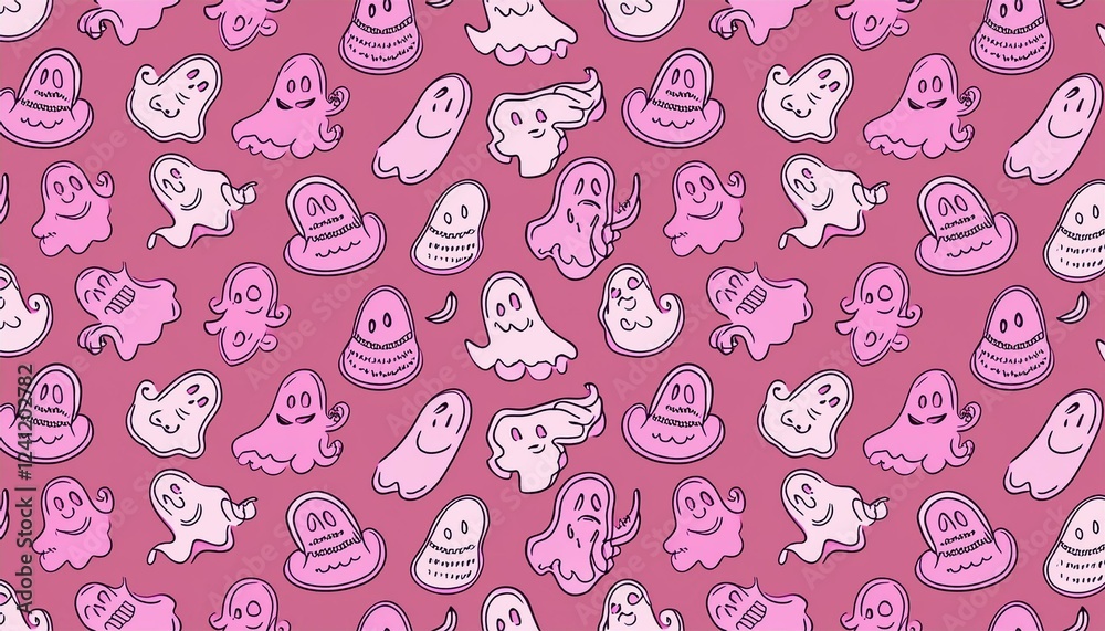 Naklejka premium Pink cute halloween ghost seamless pattern repeat print background. Vector illustration. Great for kids and home decor projects. Surface pattern design