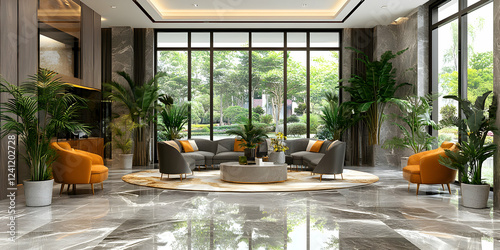 Luxury Lounge, Modern Sectional Sofa with Lush Greenery & Marble Floor,  Elegantly Designed Space
