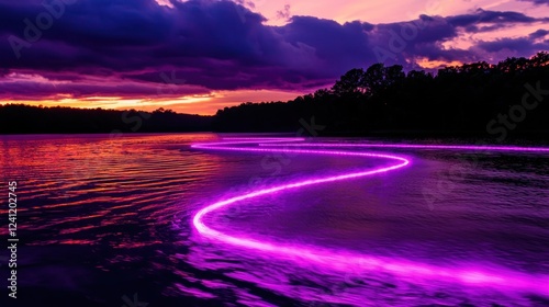 Serene twilight over a winding river illuminated by vibrant purple lights, reflecting nature's beauty