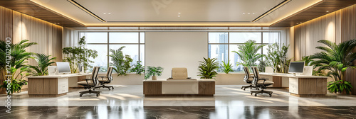Modern Office Design, Luxurious Workspace with Abundant Greenery and City Views, Enhancing Productivity and Well-being.