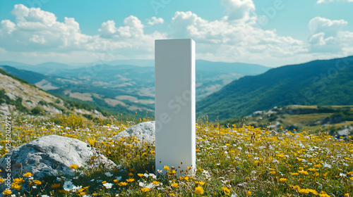 Blank White Monument Stands in Mountain Meadow: Serene Vista, Blossoming Flowers, Peaceful Landscape, Summer Day