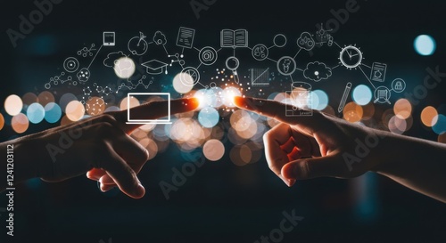 Hands Touching Digital Education Icons on Screen