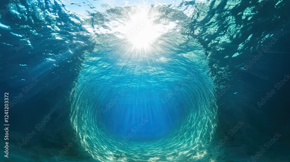 Naklejka premium Underwater Light Beams, beams of light in ocean depth, beams of light in tranquil water, Underwater beams of blue light