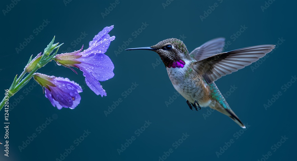 Fototapeta premium Hummingbird and Purple Flower: A Moment of Serenity